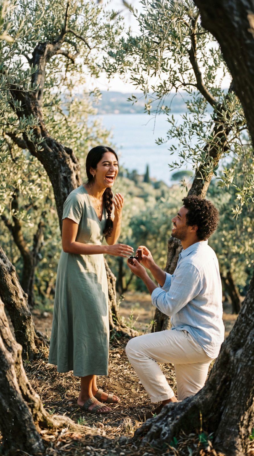 A woman laughing with her hands to her face as a man kneels with an open ring box in a sunlit olive grove above Lake Garda
