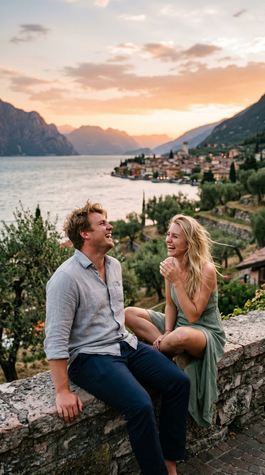 A couple laughing together on a stone wall above Lake Garda at sunset, the ring on her hand