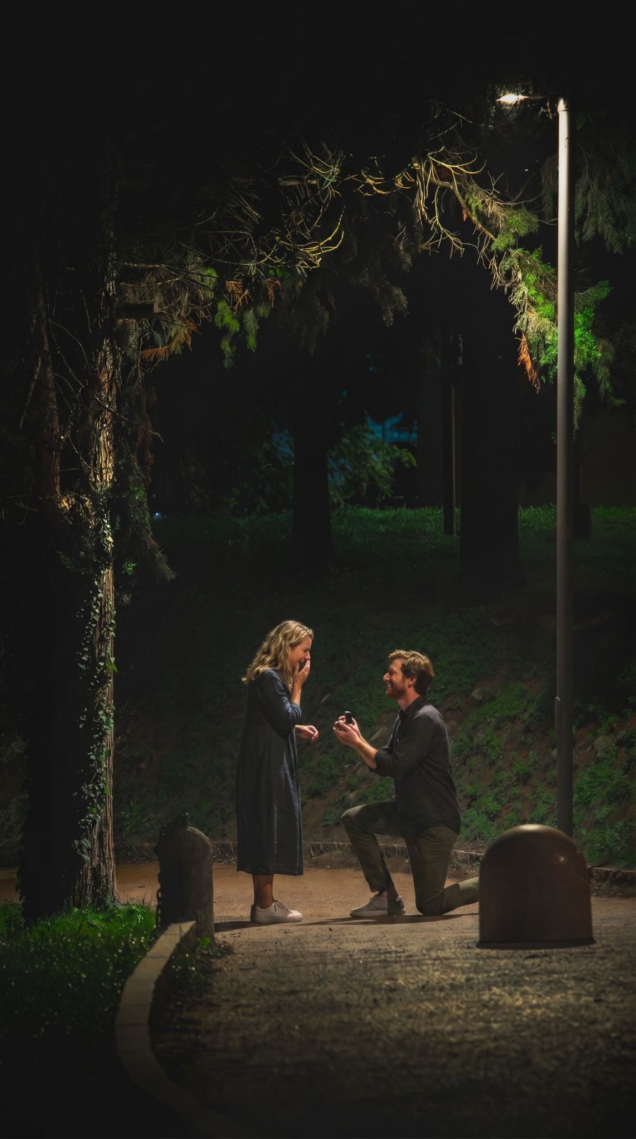 A couple at a private night-time proposal under the trees, lamplight overhead